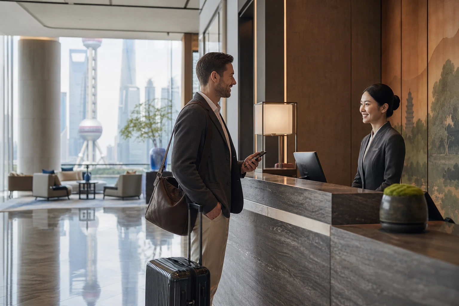 Traveller in a hotel lobby