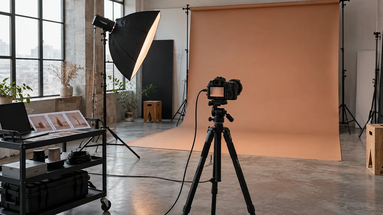 Camera, image storyboard cards and lighting equipment prepared in a production studio