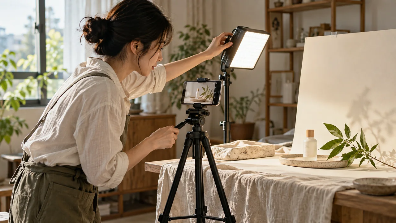 Asian creator photographing an unbranded skincare product in a daylight home studio