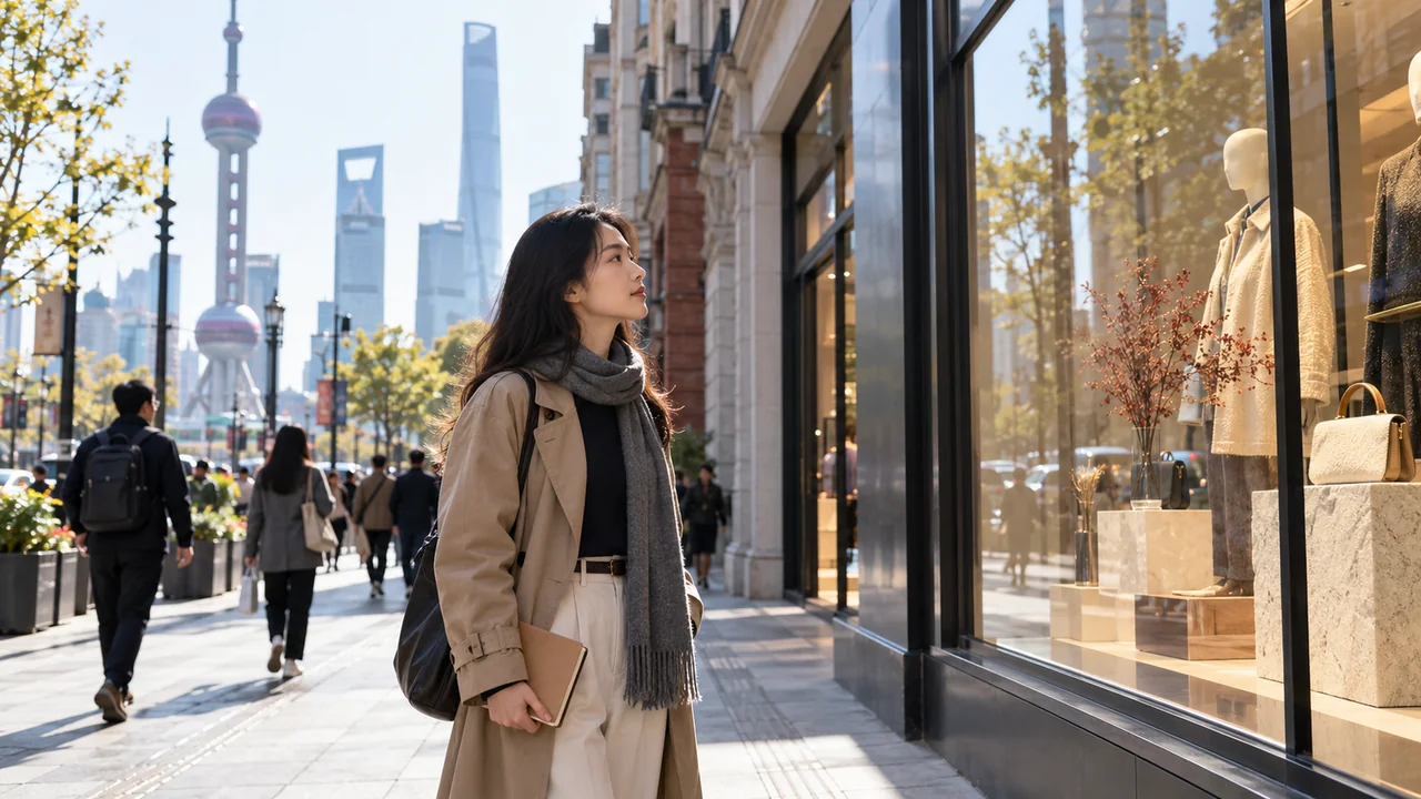 Asian market researcher observing a Shanghai retail street with a notebook
