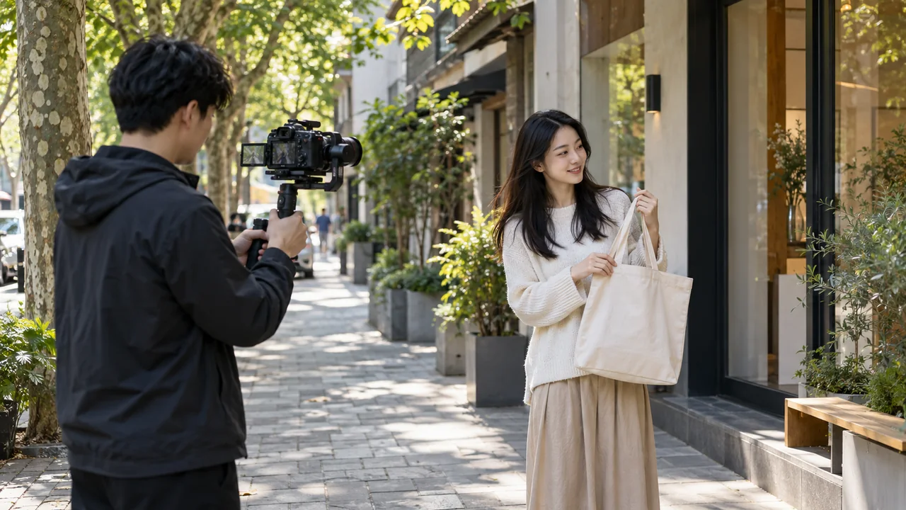 Asian videographer filming an Asian lifestyle creator in a Shanghai pedestrian street