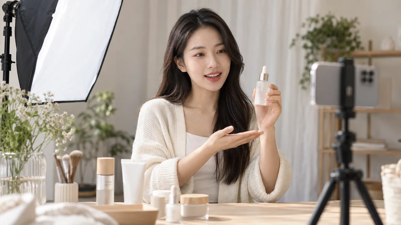 Asian beauty creator demonstrating an unbranded product to a smartphone camera