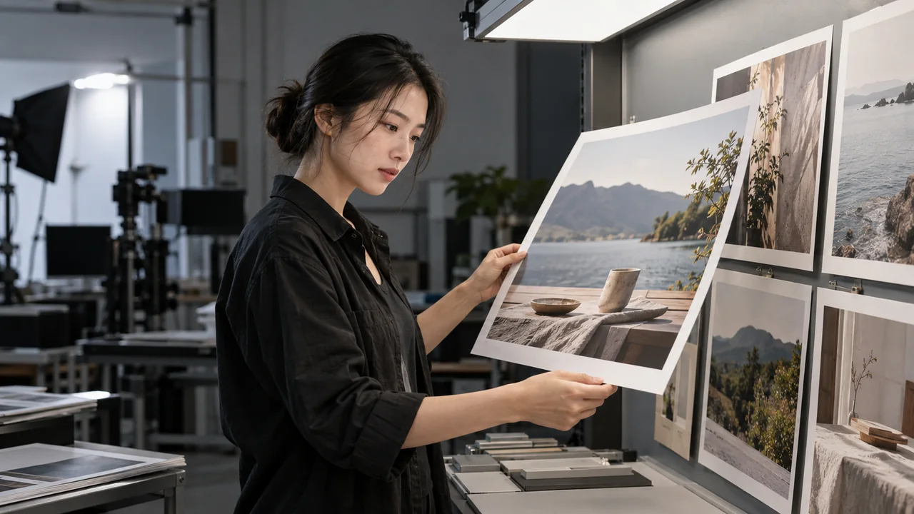 Asian image specialist checking a printed campaign photograph under a viewing lamp