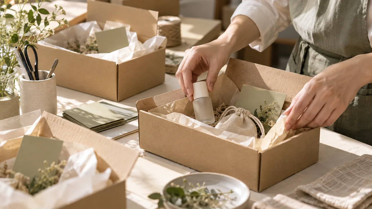 Hands packing unbranded skincare samples for a creator seeding campaign