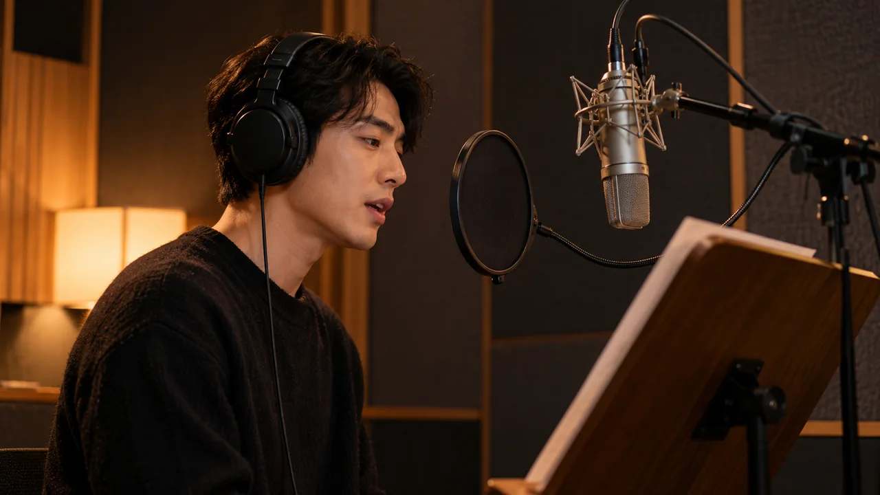 Asian creator recording a voiceover with a studio microphone