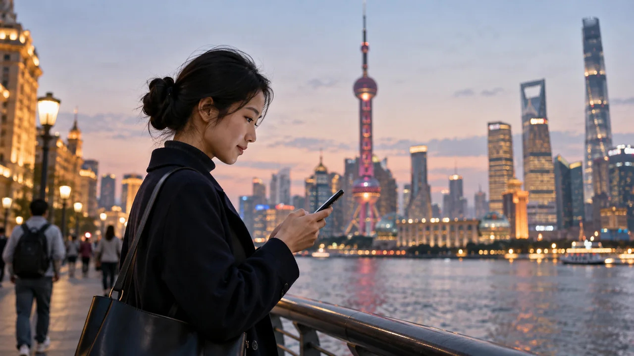 Asian commuter checking a smartphone in an authentic Shanghai city setting
